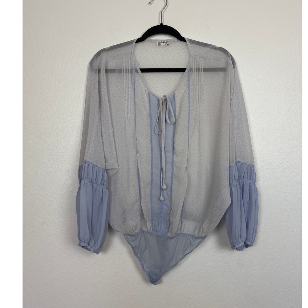 Intimately Free Whimsy Fairy Balloon Sleeve Lavender Sheer Bow Tie Bodysuit S